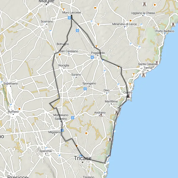 Miniatura della mappa di ispirazione al ciclismo "Ciclostrada attraverso la costa di montagne e mari" nella regione di Puglia, Italy. Generata da Tarmacs.app, pianificatore di rotte ciclistiche