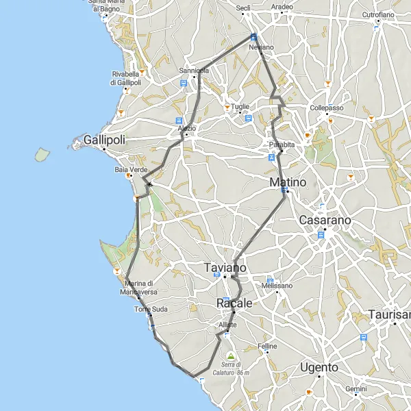Miniatura della mappa di ispirazione al ciclismo "Giro in bici intorno a Neviano" nella regione di Puglia, Italy. Generata da Tarmacs.app, pianificatore di rotte ciclistiche