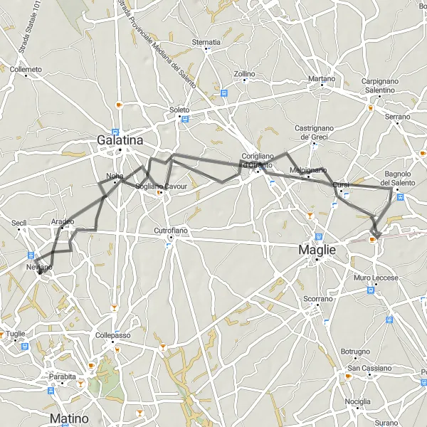 Miniatura della mappa di ispirazione al ciclismo "Tour in bicicletta da Neviano a Sogliano Cavour" nella regione di Puglia, Italy. Generata da Tarmacs.app, pianificatore di rotte ciclistiche