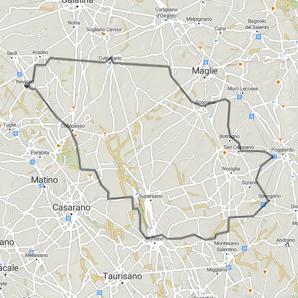 Miniatura della mappa di ispirazione al ciclismo "Giro in bicicletta verso Ruffano" nella regione di Puglia, Italy. Generata da Tarmacs.app, pianificatore di rotte ciclistiche