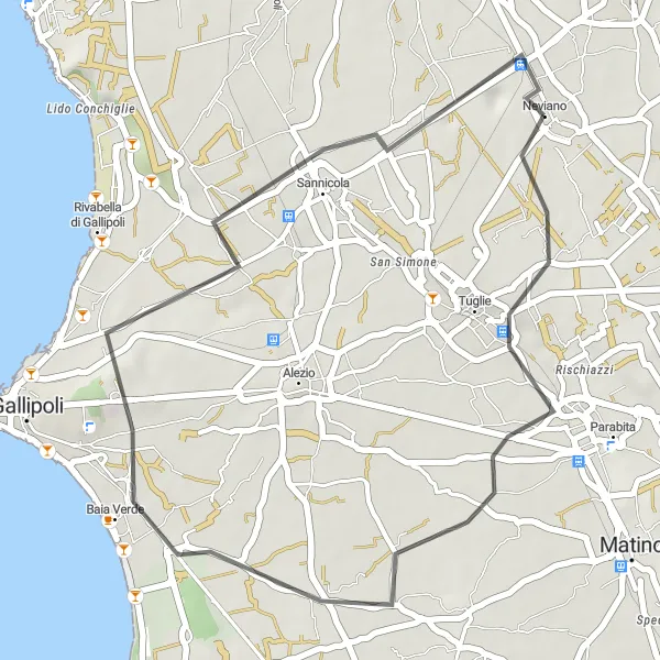 Miniatura della mappa di ispirazione al ciclismo "Giro in bici da Neviano a Tuglie" nella regione di Puglia, Italy. Generata da Tarmacs.app, pianificatore di rotte ciclistiche