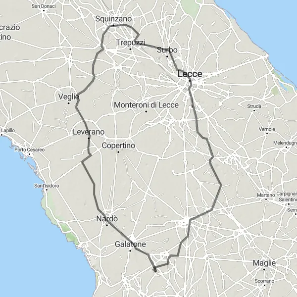 Miniatura della mappa di ispirazione al ciclismo "Itinerario ciclistico da Neviano a Lecce" nella regione di Puglia, Italy. Generata da Tarmacs.app, pianificatore di rotte ciclistiche