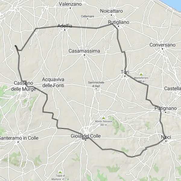 Map miniature of "Gioia del Colle to Noci" cycling inspiration in Puglia, Italy. Generated by Tarmacs.app cycling route planner