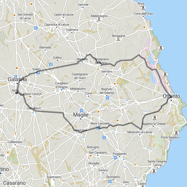 Map miniature of "Coastal and Cultural Route" cycling inspiration in Puglia, Italy. Generated by Tarmacs.app cycling route planner