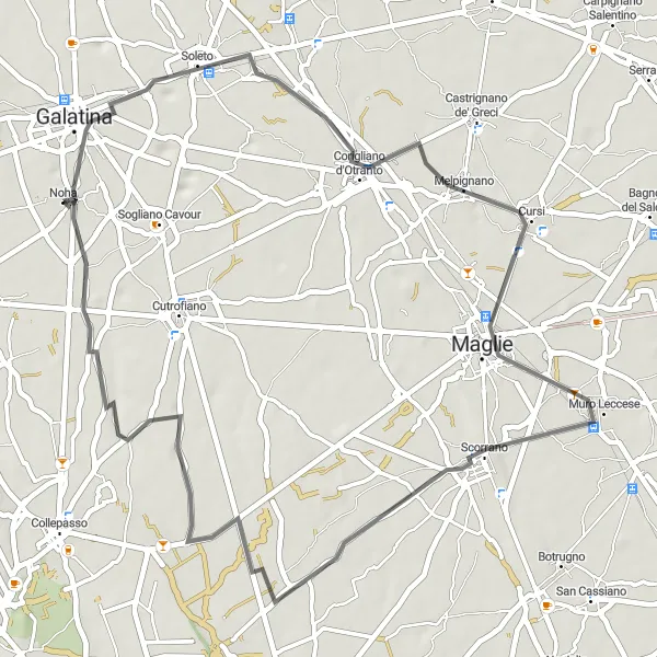 Map miniature of "Hidden Gems of Salento" cycling inspiration in Puglia, Italy. Generated by Tarmacs.app cycling route planner