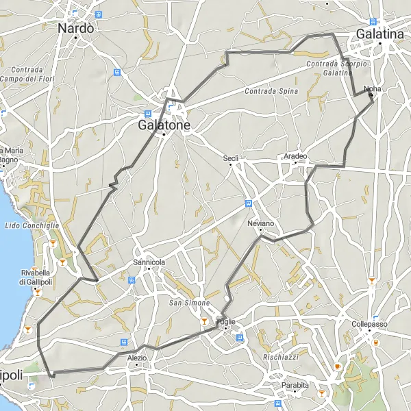 Miniatura della mappa di ispirazione al ciclismo "Tra natura e storia" nella regione di Puglia, Italy. Generata da Tarmacs.app, pianificatore di rotte ciclistiche