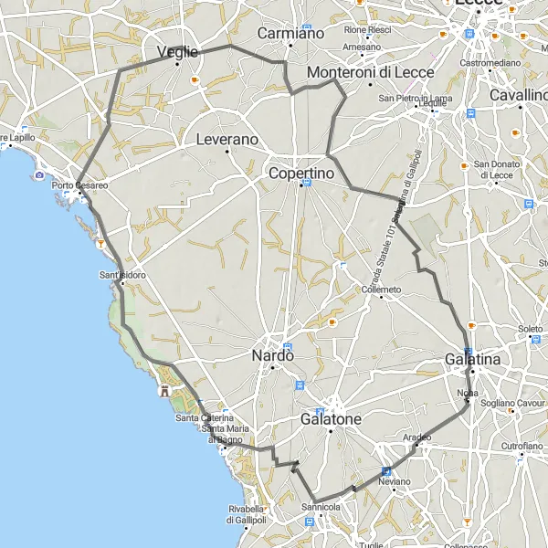 Miniatura della mappa di ispirazione al ciclismo "Tra borghi e campagne salentine" nella regione di Puglia, Italy. Generata da Tarmacs.app, pianificatore di rotte ciclistiche