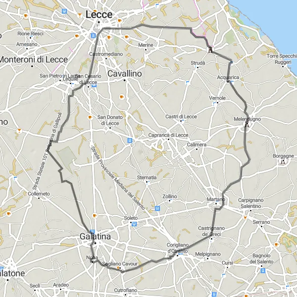 Miniatura della mappa di ispirazione al ciclismo "Itinerario ciclistico tra Galatina e Noha" nella regione di Puglia, Italy. Generata da Tarmacs.app, pianificatore di rotte ciclistiche
