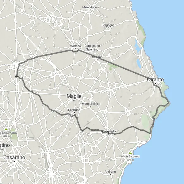 Map miniature of "The Inland Adventure" cycling inspiration in Puglia, Italy. Generated by Tarmacs.app cycling route planner