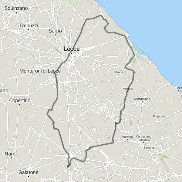 Map miniature of "The Southern Route" cycling inspiration in Puglia, Italy. Generated by Tarmacs.app cycling route planner