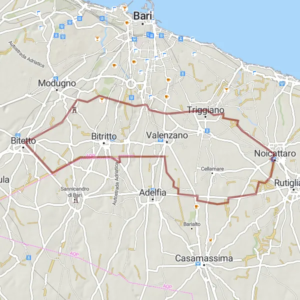 Miniatura della mappa di ispirazione al ciclismo "Percorso Gravel tra Noicattaro e Triggiano" nella regione di Puglia, Italy. Generata da Tarmacs.app, pianificatore di rotte ciclistiche