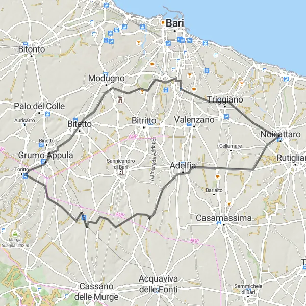 Miniatura della mappa di ispirazione al ciclismo "Gita in Bici da Noicattaro a Triggiano" nella regione di Puglia, Italy. Generata da Tarmacs.app, pianificatore di rotte ciclistiche