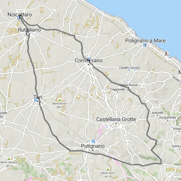 Miniatura della mappa di ispirazione al ciclismo "Giro in Bici da Noicattaro a Rutigliano" nella regione di Puglia, Italy. Generata da Tarmacs.app, pianificatore di rotte ciclistiche