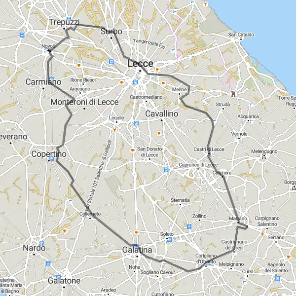 Map miniature of "Road Climbing Challenge in Surbo, Castri di Lecce, Martano, Galatina, and Carmiano" cycling inspiration in Puglia, Italy. Generated by Tarmacs.app cycling route planner