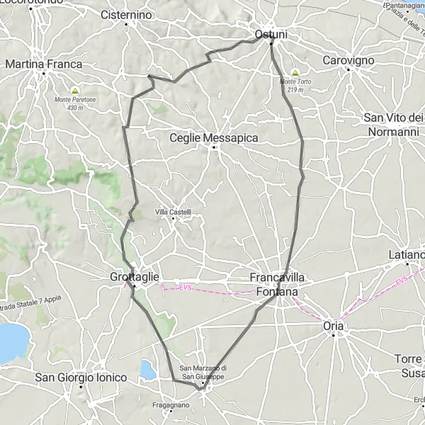 Map miniature of "Road to Francavilla Fontana, San Marzano di San Giuseppe, and Grottaglie" cycling inspiration in Puglia, Italy. Generated by Tarmacs.app cycling route planner