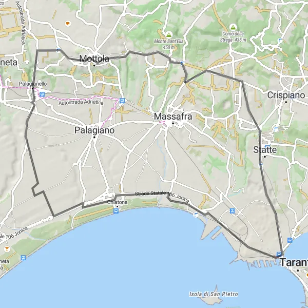 Map miniature of "Palagiano Mottola Loop" cycling inspiration in Puglia, Italy. Generated by Tarmacs.app cycling route planner