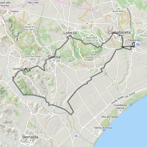 Miniatura della mappa di ispirazione al ciclismo "Tour in bici tra Palagianello e Castellaneta" nella regione di Puglia, Italy. Generata da Tarmacs.app, pianificatore di rotte ciclistiche