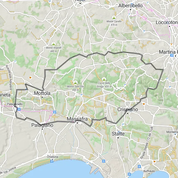 Miniatura della mappa di ispirazione al ciclismo "Tour ciclistico tra Palagianello e Mottola" nella regione di Puglia, Italy. Generata da Tarmacs.app, pianificatore di rotte ciclistiche