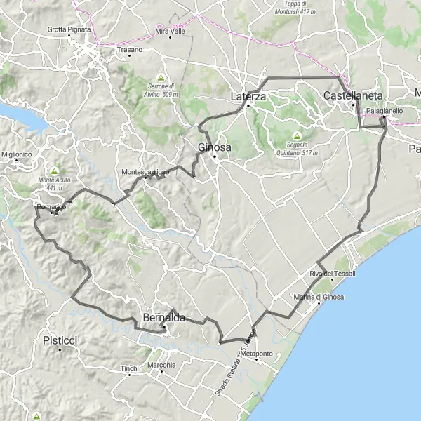 Map miniature of "Palagiano Tavole Palatine Epic Ride" cycling inspiration in Puglia, Italy. Generated by Tarmacs.app cycling route planner