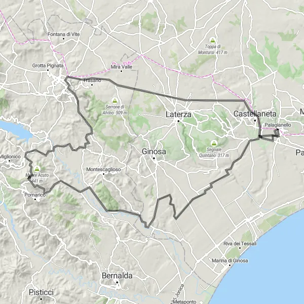 Miniatura della mappa di ispirazione al ciclismo "Esplorazione in bici tra Palagianello e Matera" nella regione di Puglia, Italy. Generata da Tarmacs.app, pianificatore di rotte ciclistiche