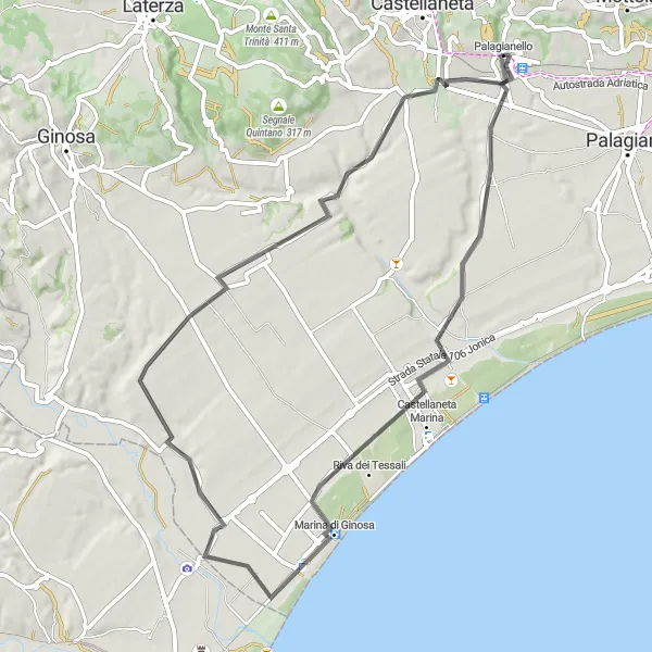 Miniatura della mappa di ispirazione al ciclismo "Giro in bicicletta tra Palagianello e Marina di Ginosa" nella regione di Puglia, Italy. Generata da Tarmacs.app, pianificatore di rotte ciclistiche
