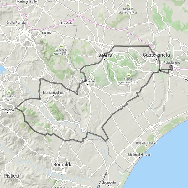 Miniatura della mappa di ispirazione al ciclismo "Giro panoramico su strada intorno a Palagianello" nella regione di Puglia, Italy. Generata da Tarmacs.app, pianificatore di rotte ciclistiche