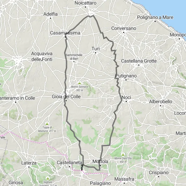 Miniatura della mappa di ispirazione al ciclismo "Giro in bicicletta da Palagianello" nella regione di Puglia, Italy. Generata da Tarmacs.app, pianificatore di rotte ciclistiche