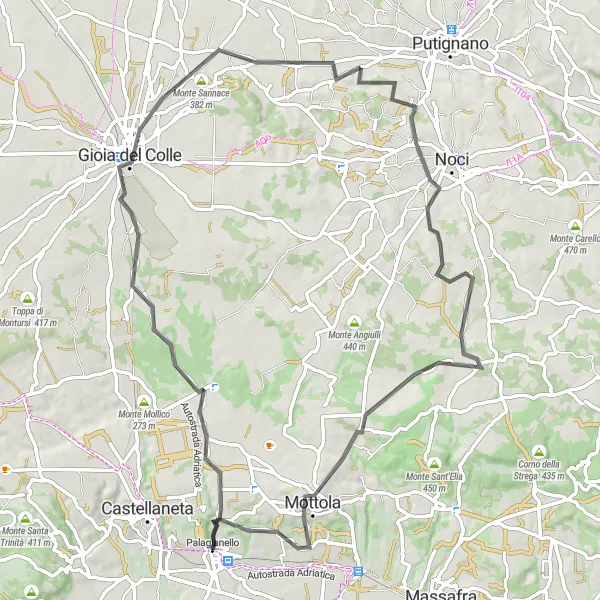 Miniatura della mappa di ispirazione al ciclismo "Giro d'Italia: Palagianello e Monte Orsetti" nella regione di Puglia, Italy. Generata da Tarmacs.app, pianificatore di rotte ciclistiche