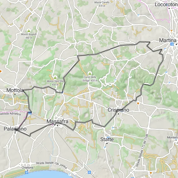 Miniatura della mappa di ispirazione al ciclismo "Esplorazione in bici da Palagiano a Massafra" nella regione di Puglia, Italy. Generata da Tarmacs.app, pianificatore di rotte ciclistiche