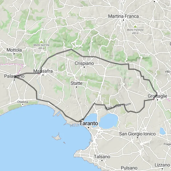 Miniatura della mappa di ispirazione al ciclismo "Avventura ciclistica tra Palagiano e Grottaglie" nella regione di Puglia, Italy. Generata da Tarmacs.app, pianificatore di rotte ciclistiche