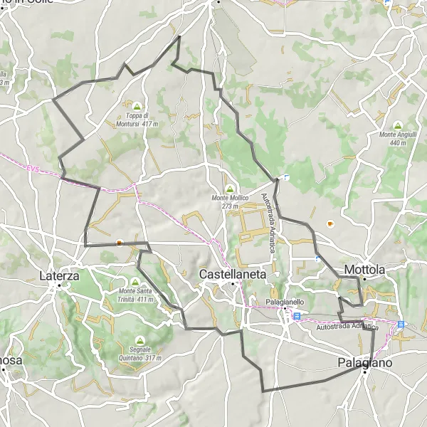 Miniatura della mappa di ispirazione al ciclismo "Giro in bicicletta attraverso Cozzo Bolzanello" nella regione di Puglia, Italy. Generata da Tarmacs.app, pianificatore di rotte ciclistiche