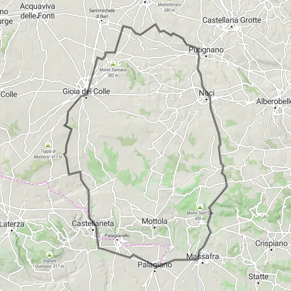 Miniatura della mappa di ispirazione al ciclismo "Avventura tra Palagiano e Noci" nella regione di Puglia, Italy. Generata da Tarmacs.app, pianificatore di rotte ciclistiche