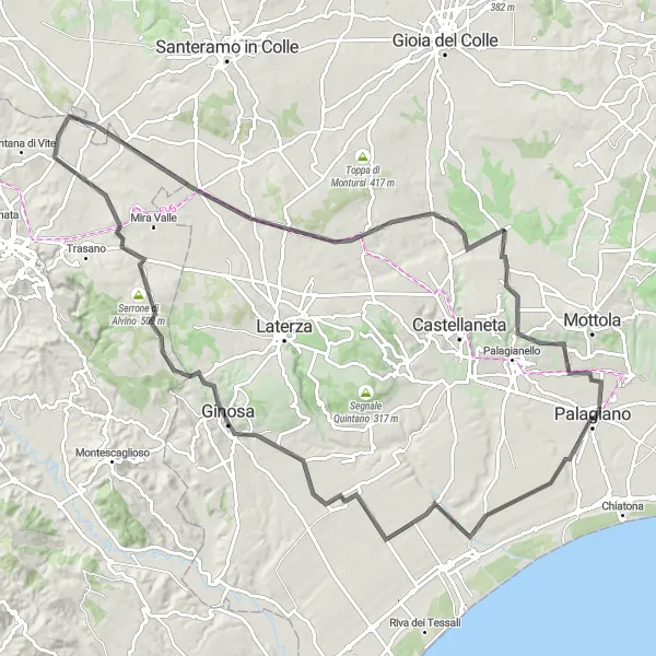 Miniatura della mappa di ispirazione al ciclismo "Tour in bici da Palagiano a Ginosa" nella regione di Puglia, Italy. Generata da Tarmacs.app, pianificatore di rotte ciclistiche