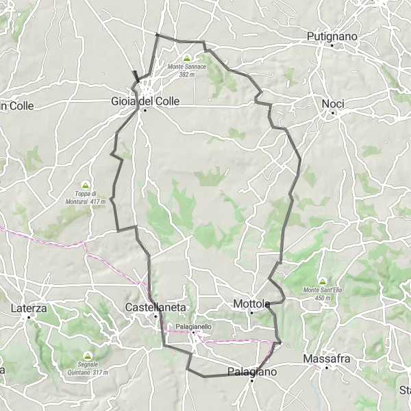 Miniatura della mappa di ispirazione al ciclismo "Scoperta dei Monti della Puglia" nella regione di Puglia, Italy. Generata da Tarmacs.app, pianificatore di rotte ciclistiche