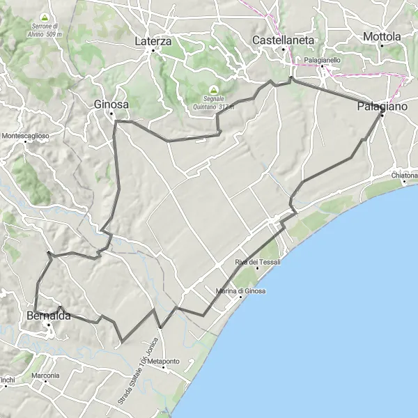 Miniatura della mappa di ispirazione al ciclismo "Giro in bicicletta tra Palagiano e Bernalda" nella regione di Puglia, Italy. Generata da Tarmacs.app, pianificatore di rotte ciclistiche