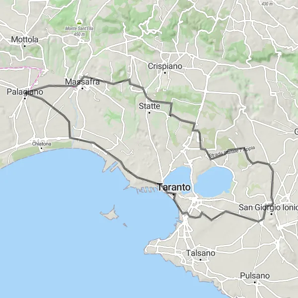 Miniatura della mappa di ispirazione al ciclismo "Viaggio attraverso le antiche strade di Puglia" nella regione di Puglia, Italy. Generata da Tarmacs.app, pianificatore di rotte ciclistiche