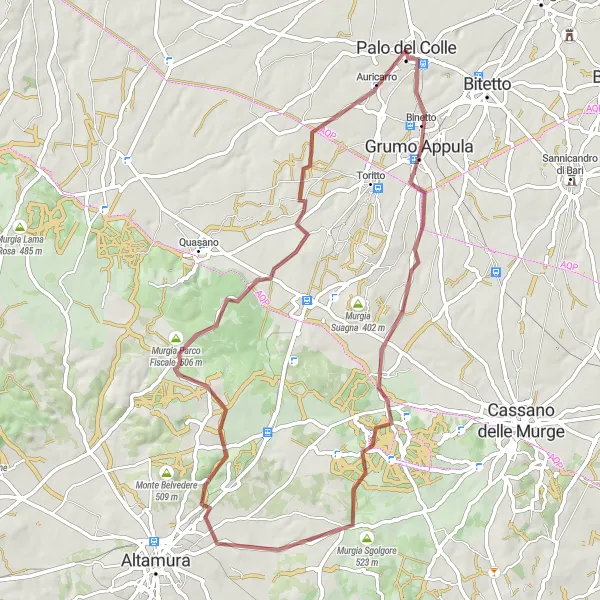 Map miniature of "Challenging Gravel Ride: Grumo Appula to Pulicchio di Toritto" cycling inspiration in Puglia, Italy. Generated by Tarmacs.app cycling route planner