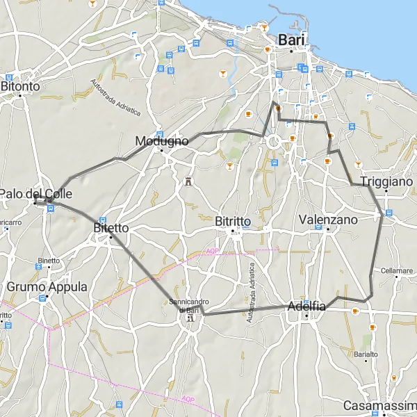 Map miniature of "Road Cycling Route to Modugno, Capurso, Adelfia, and Bitetto" cycling inspiration in Puglia, Italy. Generated by Tarmacs.app cycling route planner