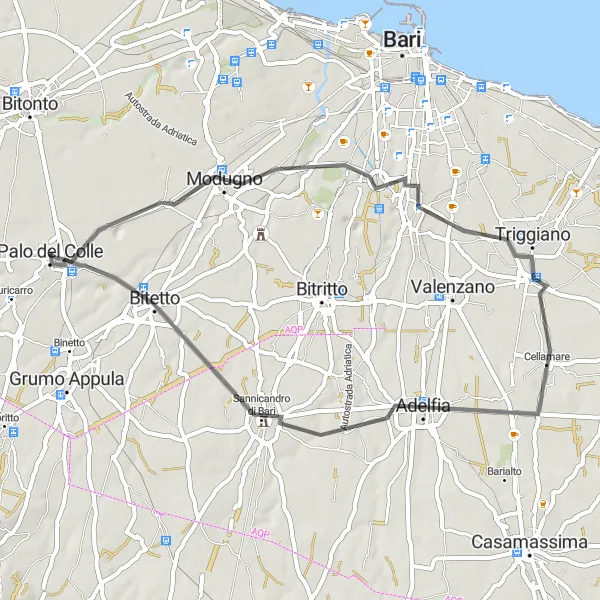 Map miniature of "Road Cycling Route to Modugno, Triggiano, Sannicandro di Bari, and Bitetto" cycling inspiration in Puglia, Italy. Generated by Tarmacs.app cycling route planner
