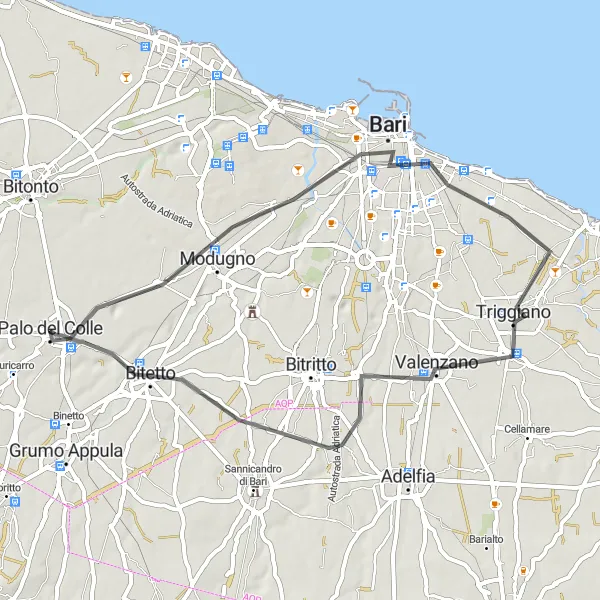 Map miniature of "Road Cycling Route to Modugno, Bari, Triggiano, Valenzano, and Bitetto" cycling inspiration in Puglia, Italy. Generated by Tarmacs.app cycling route planner