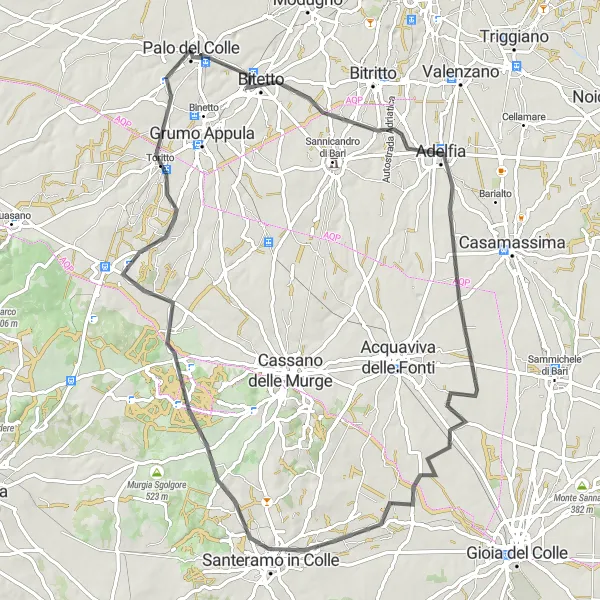 Map miniature of "Bitetto to Auricarro Road Cycling Route" cycling inspiration in Puglia, Italy. Generated by Tarmacs.app cycling route planner