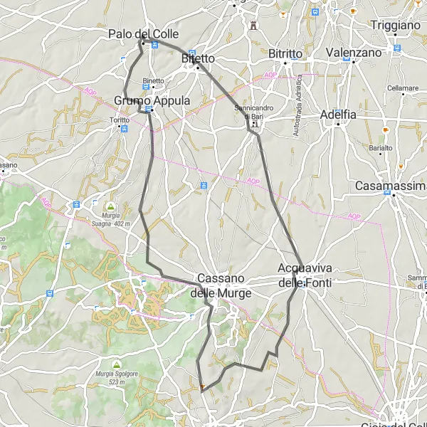 Map miniature of "Scenic Road Cycling Route: Palo del Colle to Grumo Appula" cycling inspiration in Puglia, Italy. Generated by Tarmacs.app cycling route planner