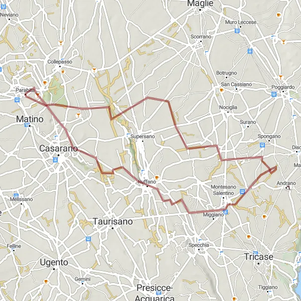 Miniatura della mappa di ispirazione al ciclismo "Giro in bicicletta su sterrato tra natura e storia" nella regione di Puglia, Italy. Generata da Tarmacs.app, pianificatore di rotte ciclistiche