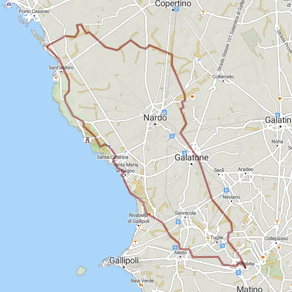 Miniatura della mappa di ispirazione al ciclismo "Percorso panoramico in bicicletta su sterrato" nella regione di Puglia, Italy. Generata da Tarmacs.app, pianificatore di rotte ciclistiche