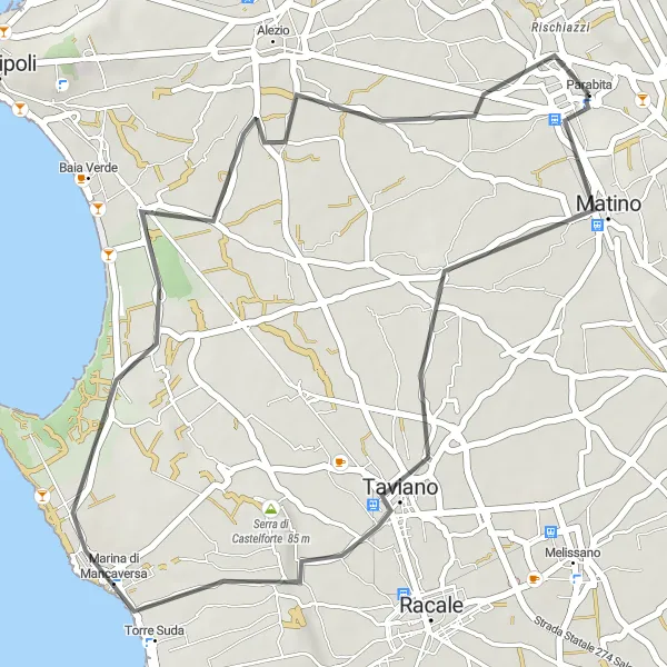 Miniatura della mappa di ispirazione al ciclismo "Giro in bicicletta stradale di Parabita" nella regione di Puglia, Italy. Generata da Tarmacs.app, pianificatore di rotte ciclistiche
