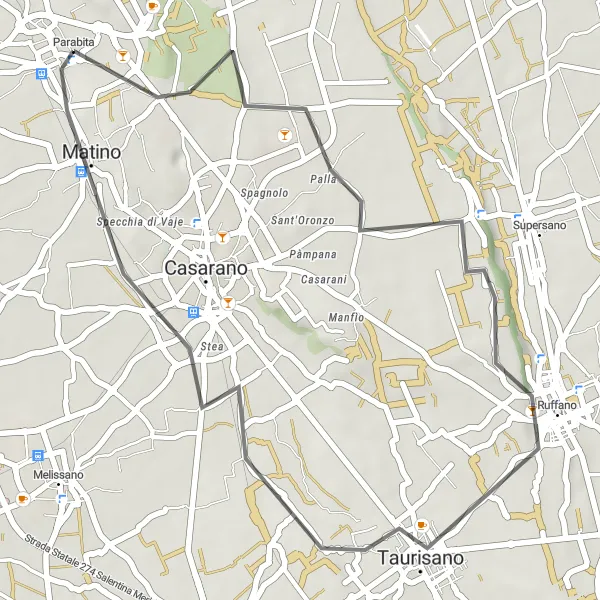 Miniatura della mappa di ispirazione al ciclismo "Giro in bicicletta intorno a Parabita" nella regione di Puglia, Italy. Generata da Tarmacs.app, pianificatore di rotte ciclistiche
