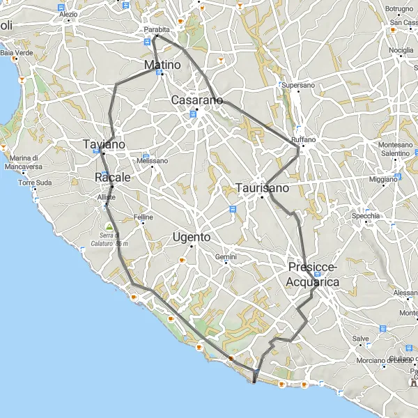 Miniatura della mappa di ispirazione al ciclismo "Tour in bicicletta tra borghi storici del Salento" nella regione di Puglia, Italy. Generata da Tarmacs.app, pianificatore di rotte ciclistiche