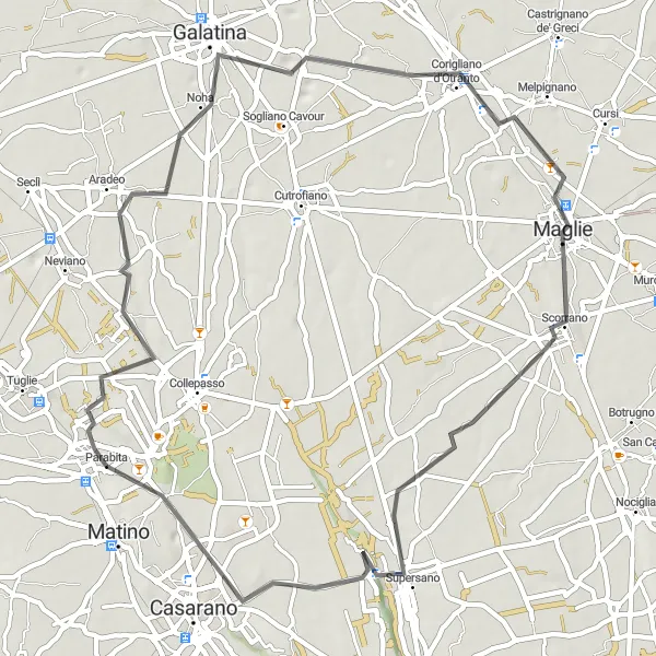 Miniatura della mappa di ispirazione al ciclismo "Tra borghi e paesaggi salentini" nella regione di Puglia, Italy. Generata da Tarmacs.app, pianificatore di rotte ciclistiche