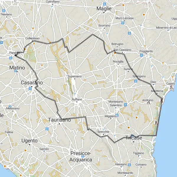Miniatura della mappa di ispirazione al ciclismo "Avventuroso giro in bicicletta tra le colline del Salento" nella regione di Puglia, Italy. Generata da Tarmacs.app, pianificatore di rotte ciclistiche