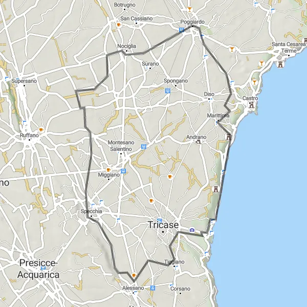 Miniatura della mappa di ispirazione al ciclismo "Poggiardo - Specchia" nella regione di Puglia, Italy. Generata da Tarmacs.app, pianificatore di rotte ciclistiche